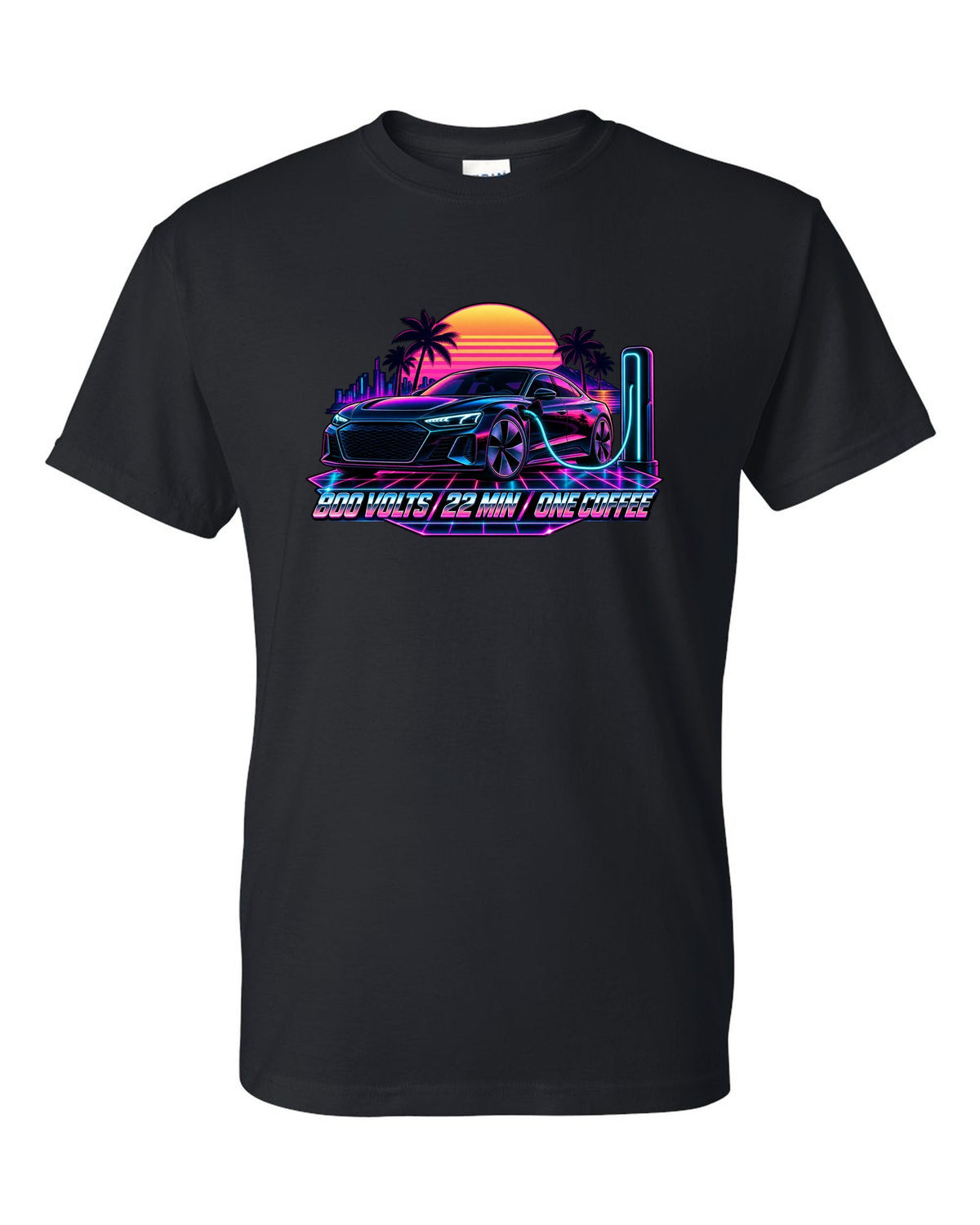 Synthwave print of an Audi e-tron GT at dusk with charging time text black t-shirt front view with the design