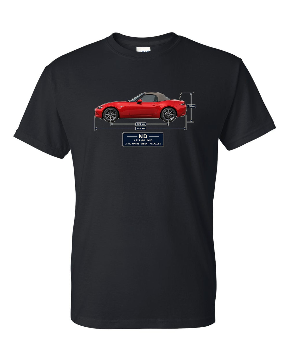 Blueprint-style dimension drawing of a 2016 Mazda MX-5 ND1 soft top in Soul Red black t-shirt front view with the design