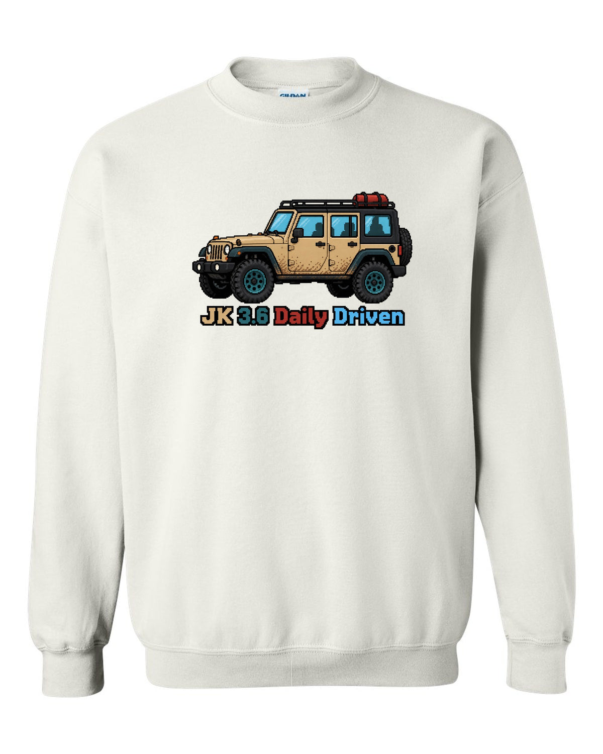 Jeep Wrangler JK 16-bit pixel art design with JK 3.6 daily driven text white crewneck front view with the design