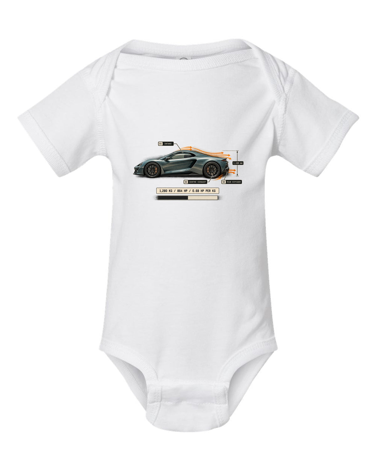 Airflow callout print of the Pagani Utopia with the text 1,280 kg, 864 hp, 0.68 hp per kg white baby onesie front view with the design