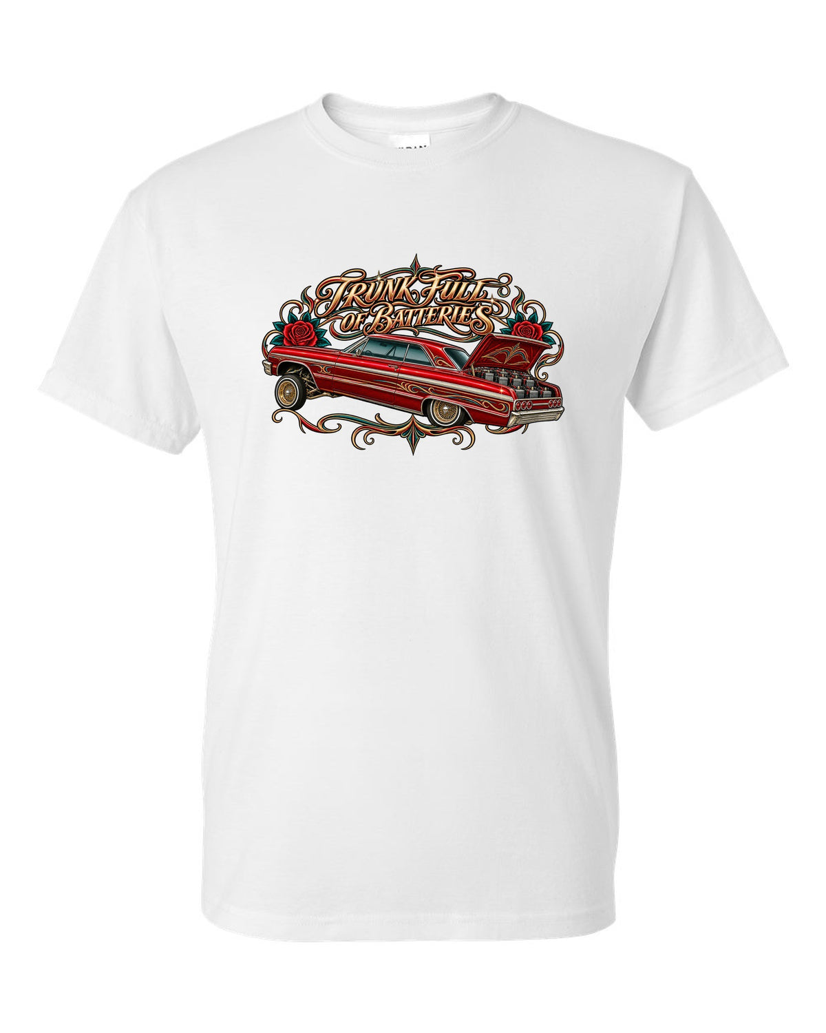 Lowrider airbrush flash illustration of a 1964 Chevrolet Impala SS with pinstripe scrolls and roses white t-shirt front view with the design
