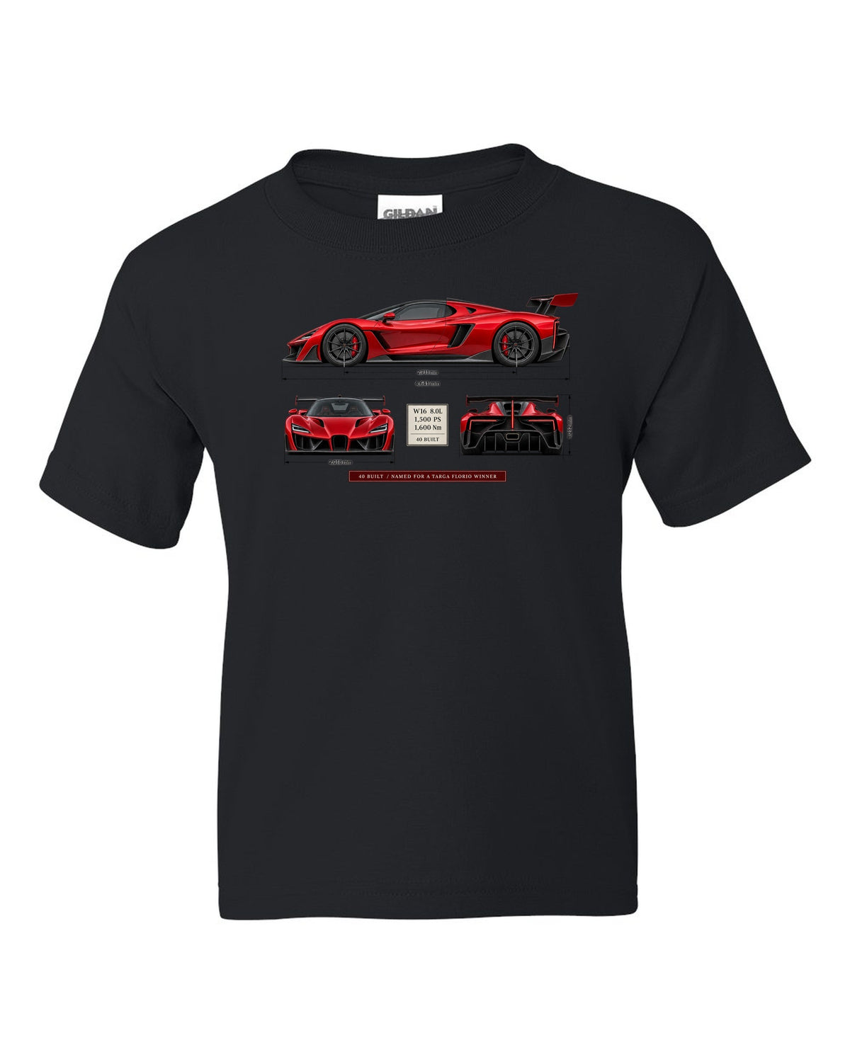 Bugatti Divo three-view print with spec table, 40 built black kids tee front view with the design