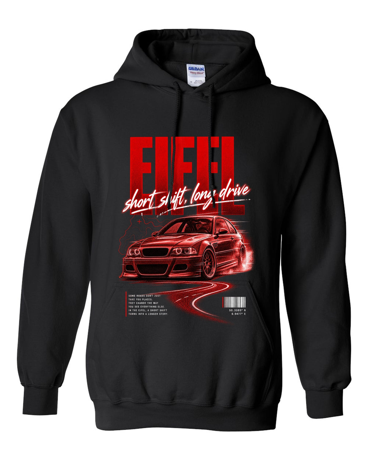 BMW E46 M3 coupe street poster print naming Eifel with short shift long drive text black pull over hoodie front view with the design