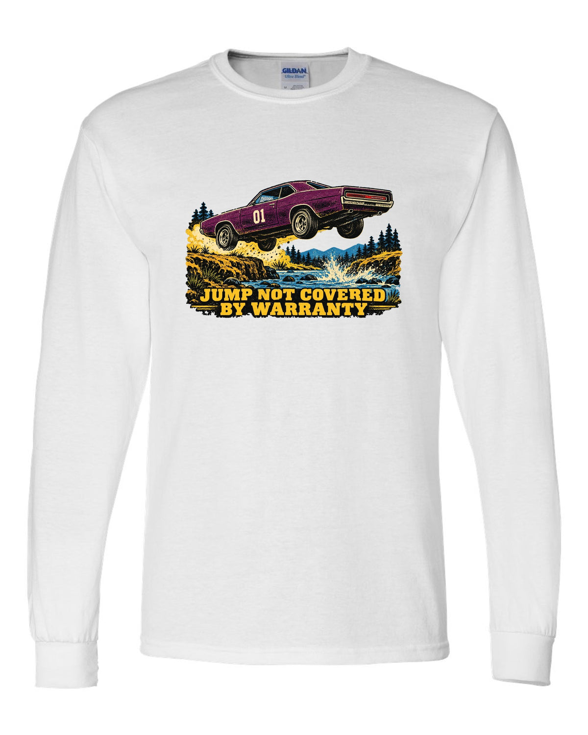 Vintage screen print of an orange 1969 Dodge Charger B-body mid-jump with number 01 on the doors white long sleeve front view with the design