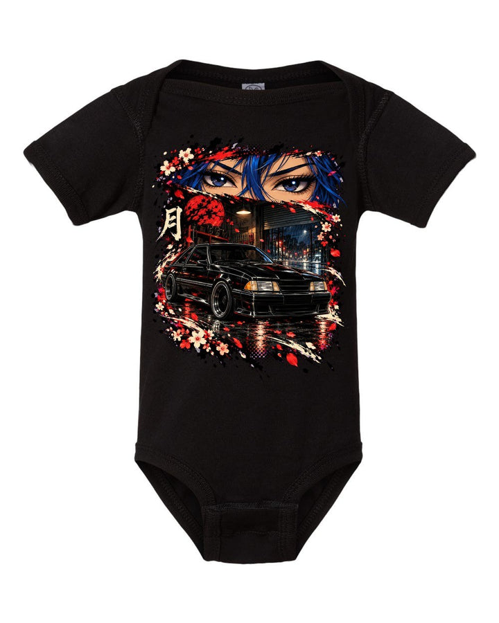 Ford Mustang Fox Body Anime Girl Baby Onesie Black front