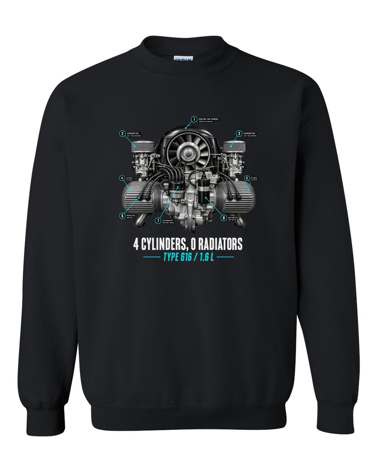 Engine hero print of the Porsche 356 Type 616 1.6 L flat-four with the caption 4 cylinders 0 radiators black crewneck front view with the design