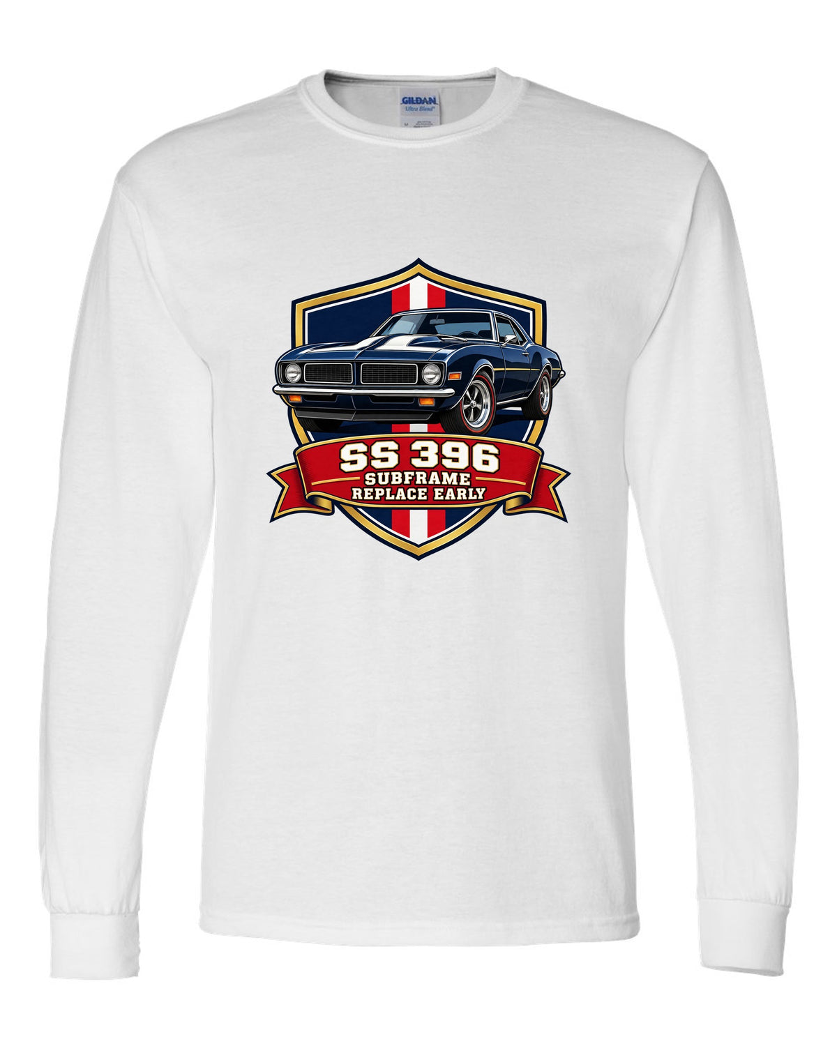 1968 Camaro SS 396 in a varsity shield design with text SS 396 Subframe Replace Early white long sleeve front view with the design