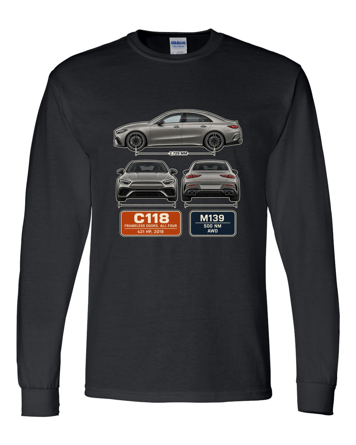 Mercedes-AMG CLA 45 S C118 four-door coupe three-view spec print black long sleeve front view with the design
