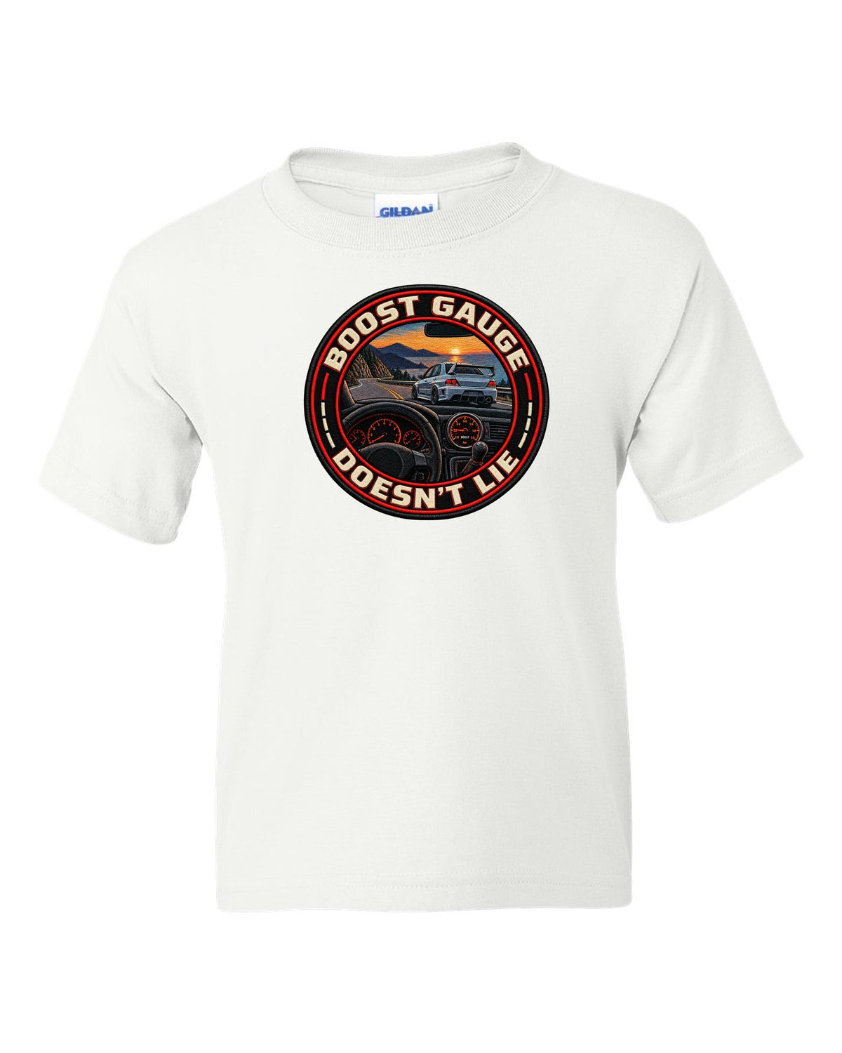 Cyanotype negative blueprint print of the Mitsubishi Evo VIII CT9A with same 4G63 since 1992 text white kids tee front view with the design