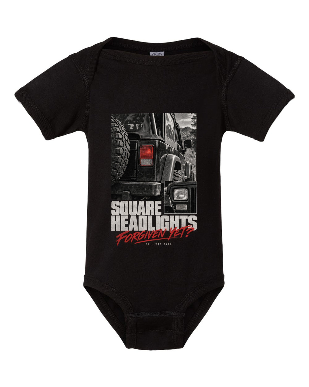 Detail macro print for the Jeep Wrangler YJ square headlights, 1987-1995 black baby onesie front view with the design