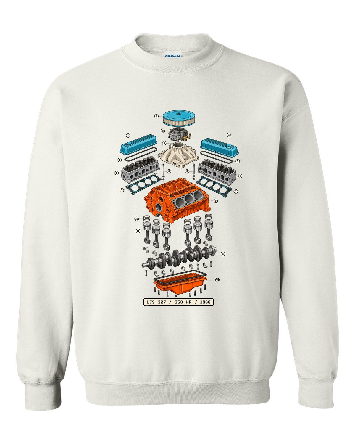 Exploded cutaway print of a 1968 Chevrolet Nova L79 327 engine with the text 350 HP, 1968 white crewneck front view with the design