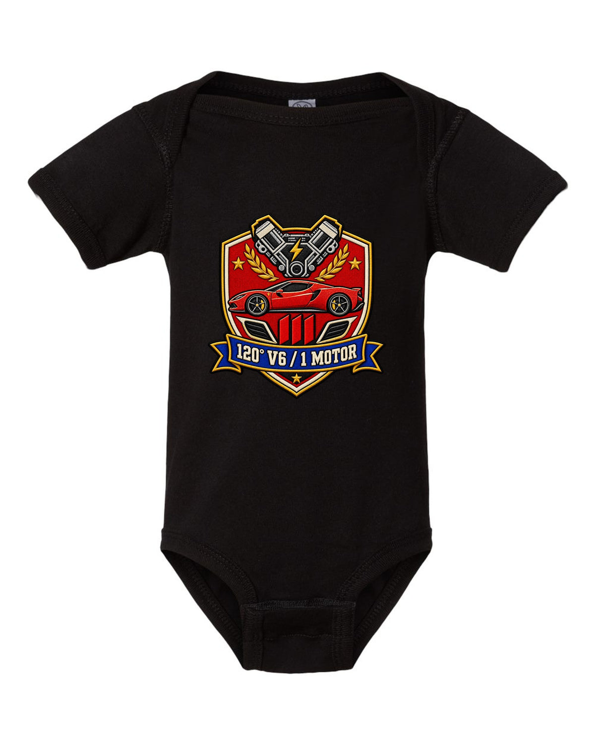 Shield crest print for the Ferrari 296 GTB with 120 degree V6 and 1 motor lettering black baby onesie front view with the design
