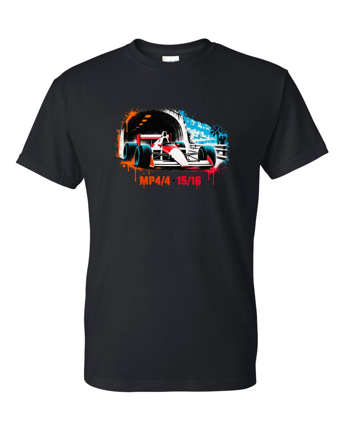 Stencil spray art of the McLaren MP4/4 Formula 1 car with 15/16 lettering black t-shirt front view with the design