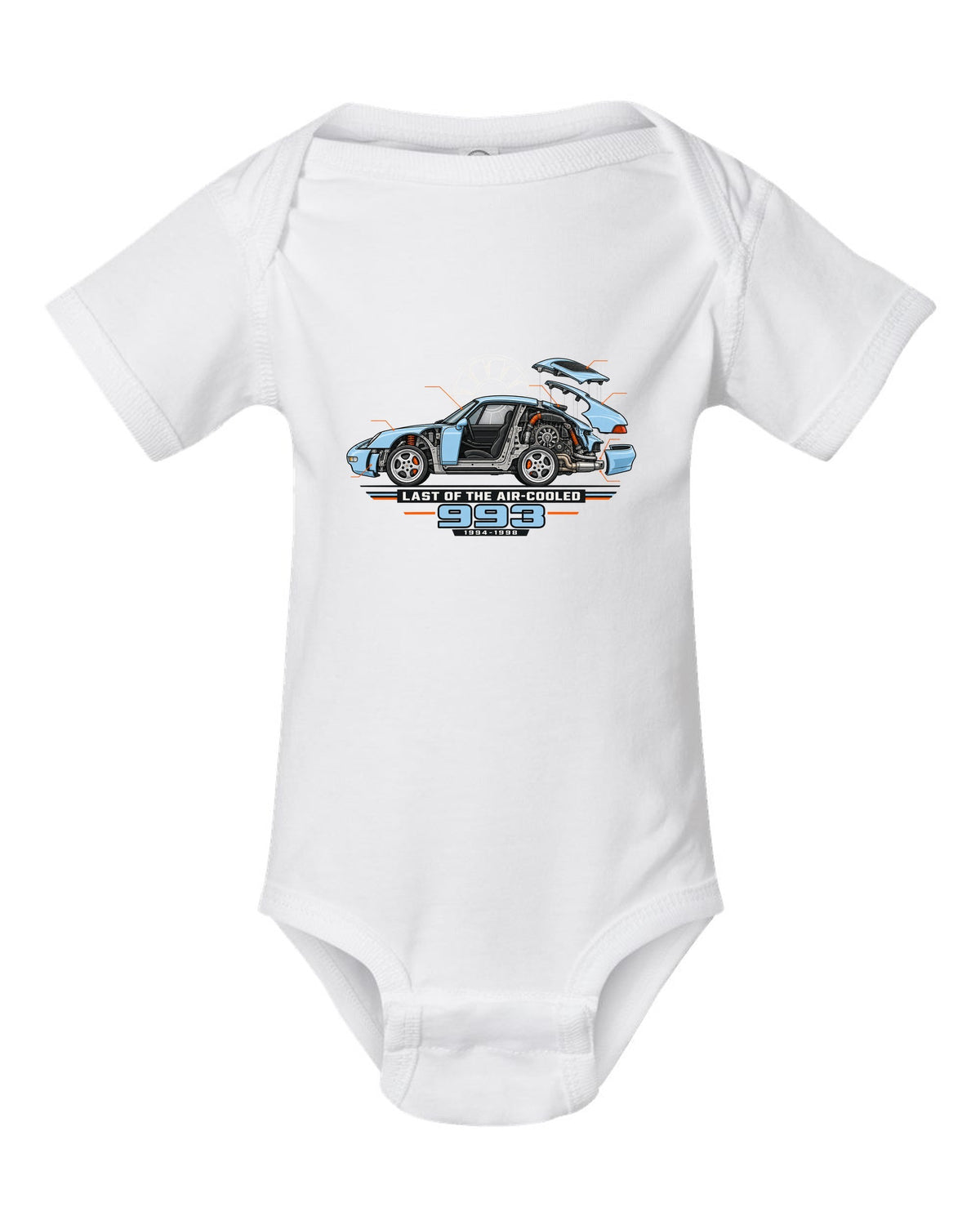 Architectural cutaway drawing of a Porsche 911 993 on a shirt back white baby onesie front view with the design