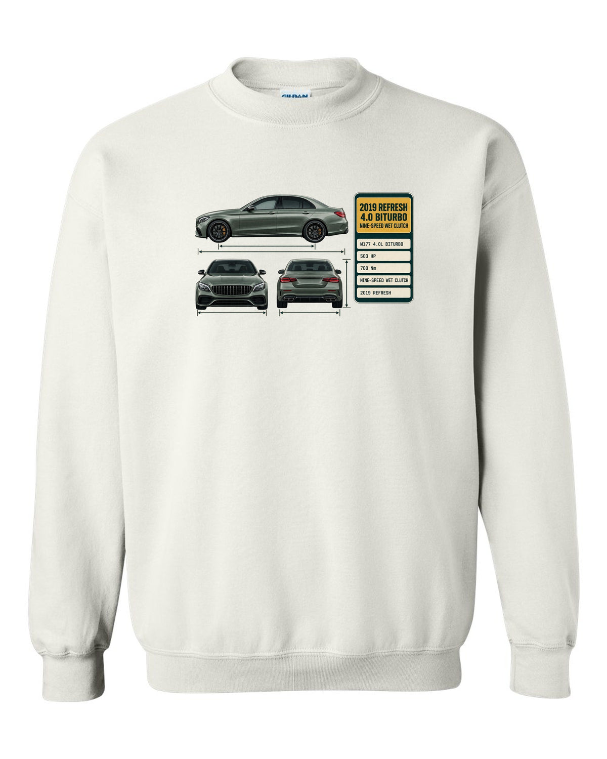 Spec poster print of a Mercedes-AMG C63 S W205 facelift sedan white crewneck front view with the design