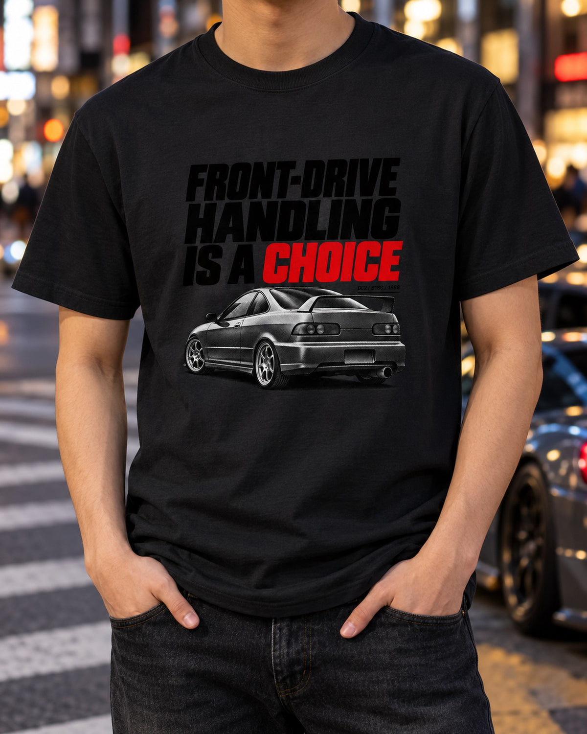 Honda Integra DC2 Halftone Front-Drive Handling Statement Tee T-Shirt Black worn hero