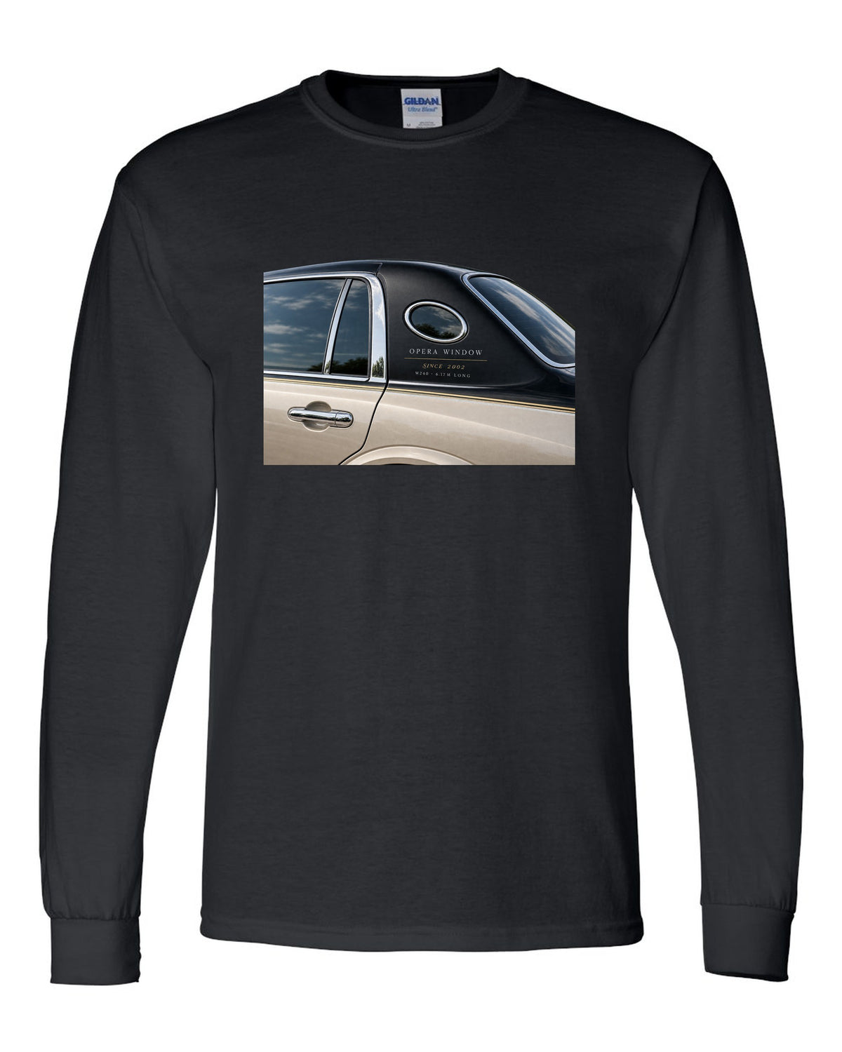 Detail macro print of a Maybach 62 W240 opera window with Since 2002 lettering black long sleeve front view with the design
