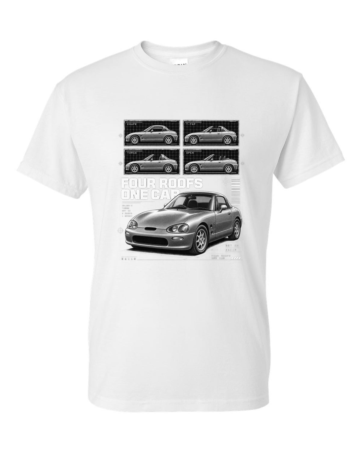 Dossier panel print of a Suzuki Cappuccino EA11R kei roadster white t-shirt front view with the design
