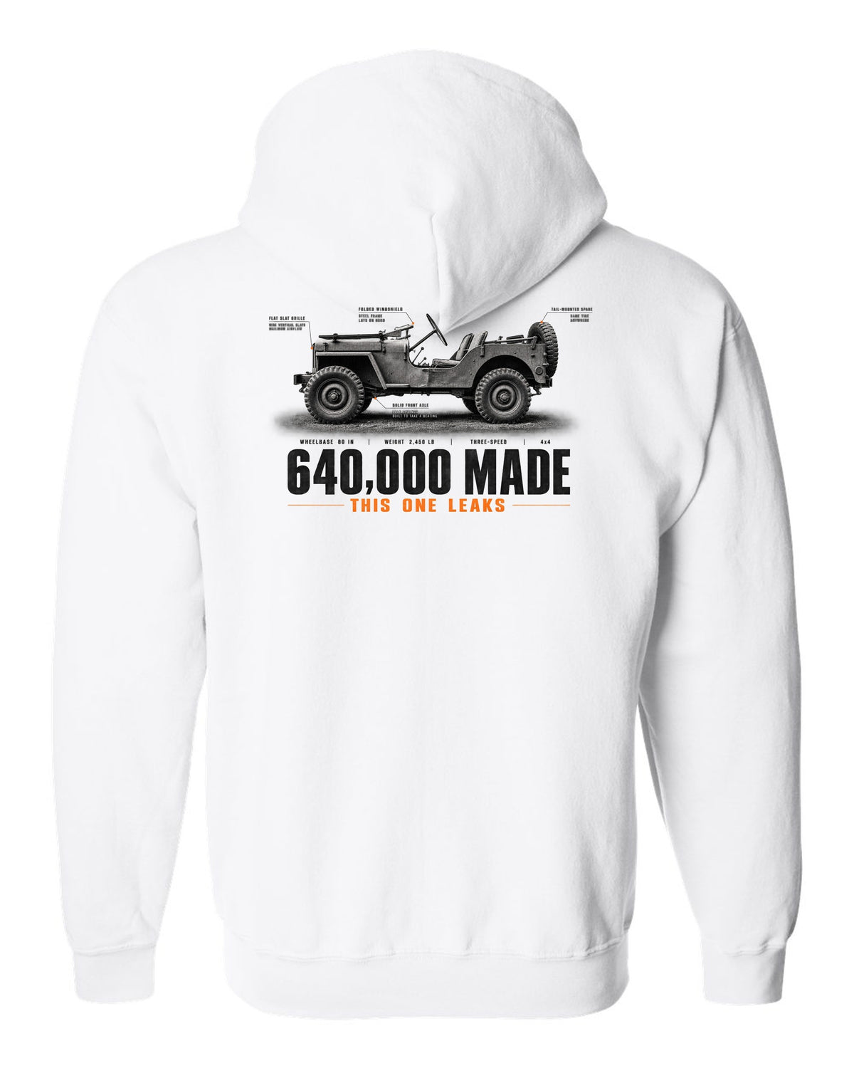 Spec poster print for the Willys MB and Ford GPW, 640,000 made white zip hoodie back view with the design