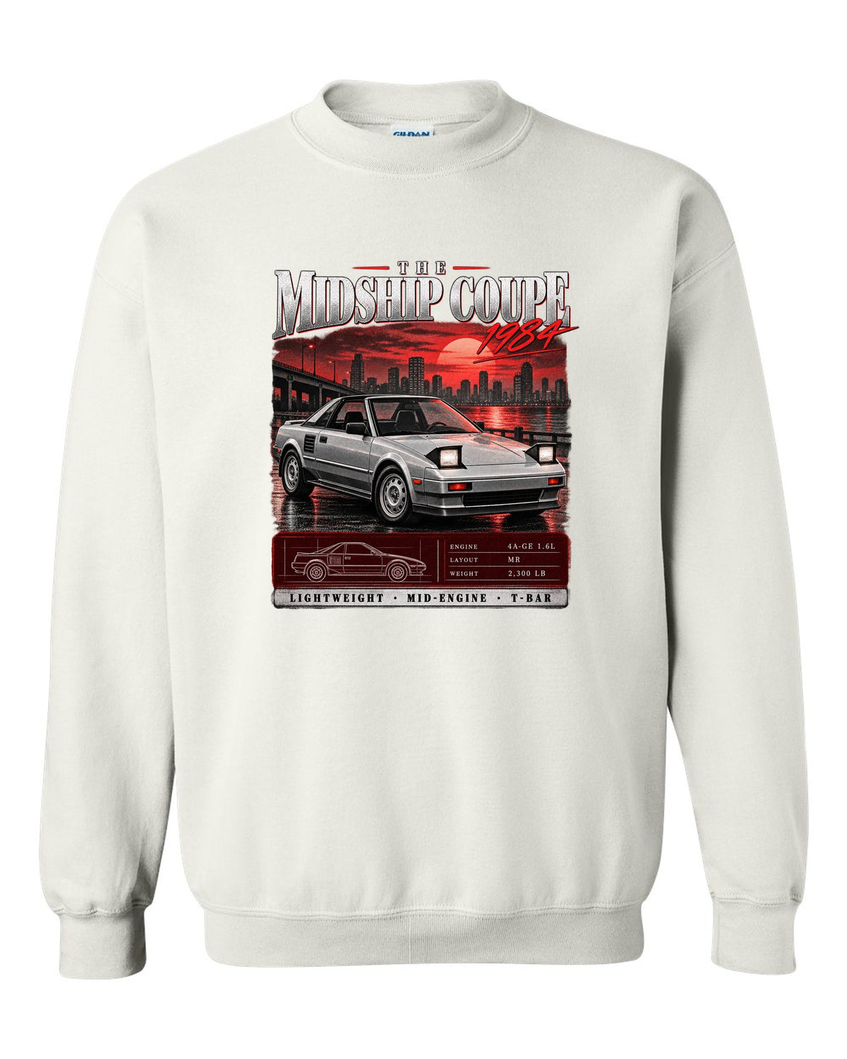 Archive panel print of a Toyota MR2 AW11 with the text The Midship Coupe 1984 white crewneck front view with the design