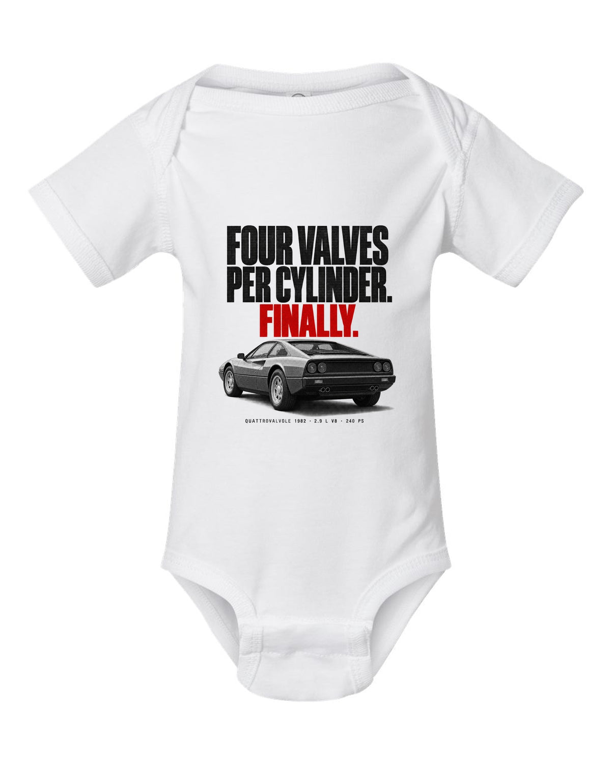 Ferrari 308 GTB Quattrovalvole 1982 rear three-quarter halftone print, four valves per cylinder white baby onesie front view with the design