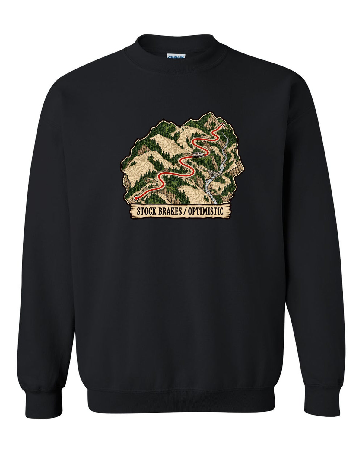 Topographic route map print of a mountain pass for the Nissan Skyline GT-R R32 BNR32 black crewneck front view with the design