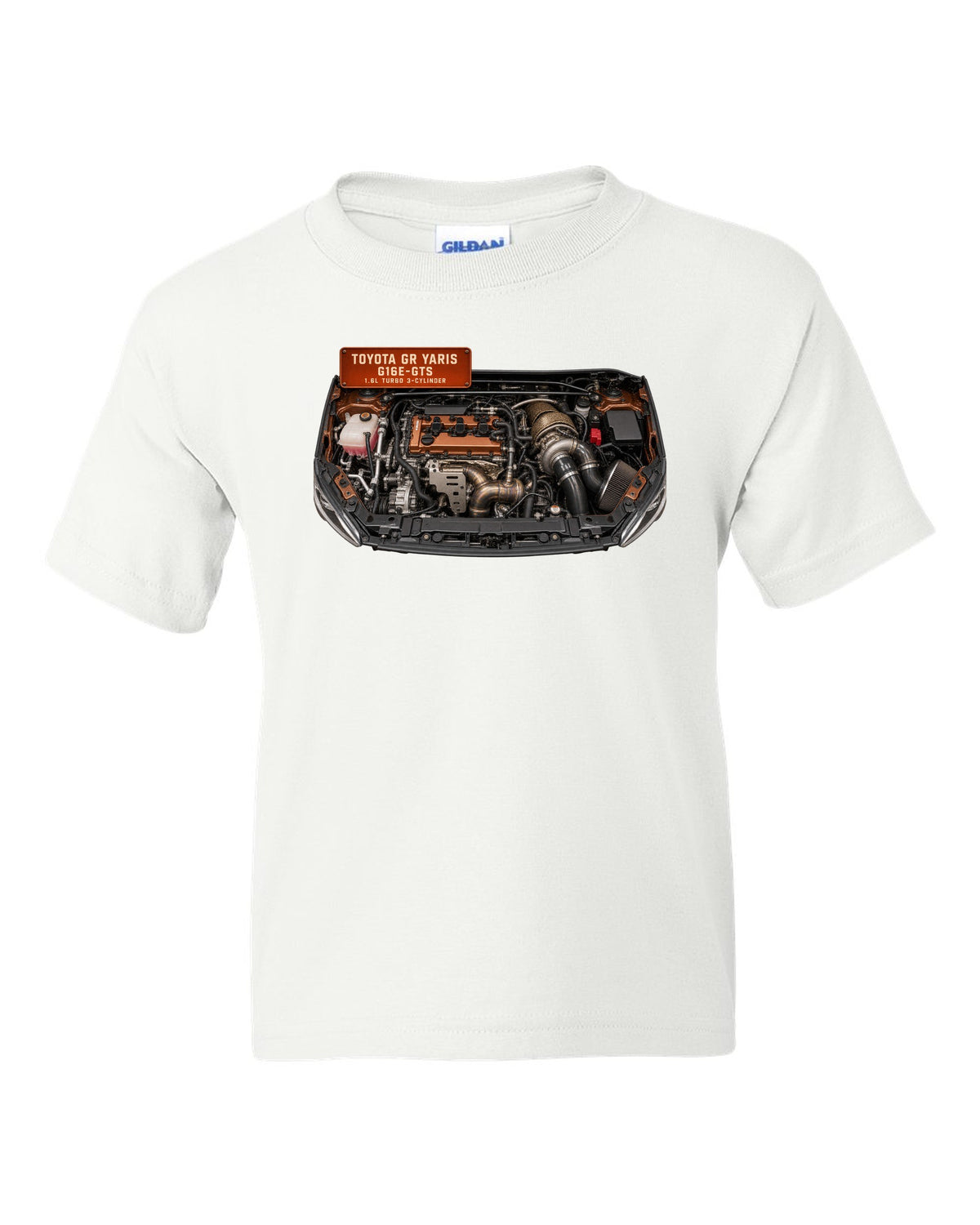 Toyota GR Yaris G16E-GTS three-cylinder turbo engine bay illustration white kids tee front view with the design