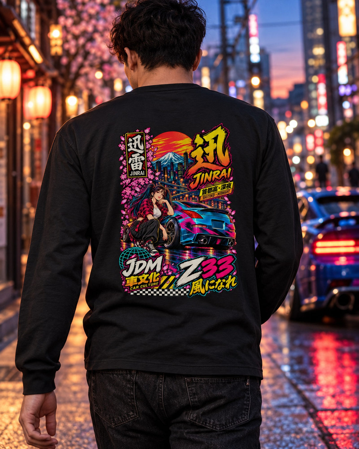 JINRAI Z33 Anime Girl Full-Back Graphic Tee Long Sleeve Black worn hero