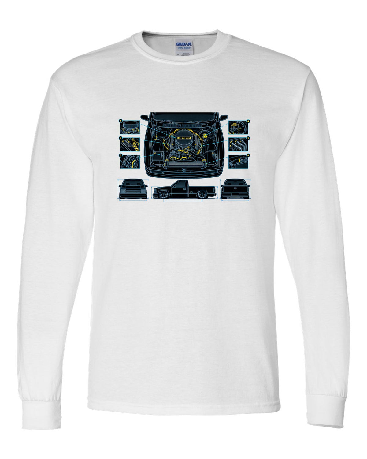 Technical blueprint print of the engine bay on a 1990-93 Chevrolet 454 SS pickup with L19 7.4L 454 text white long sleeve front view with the design