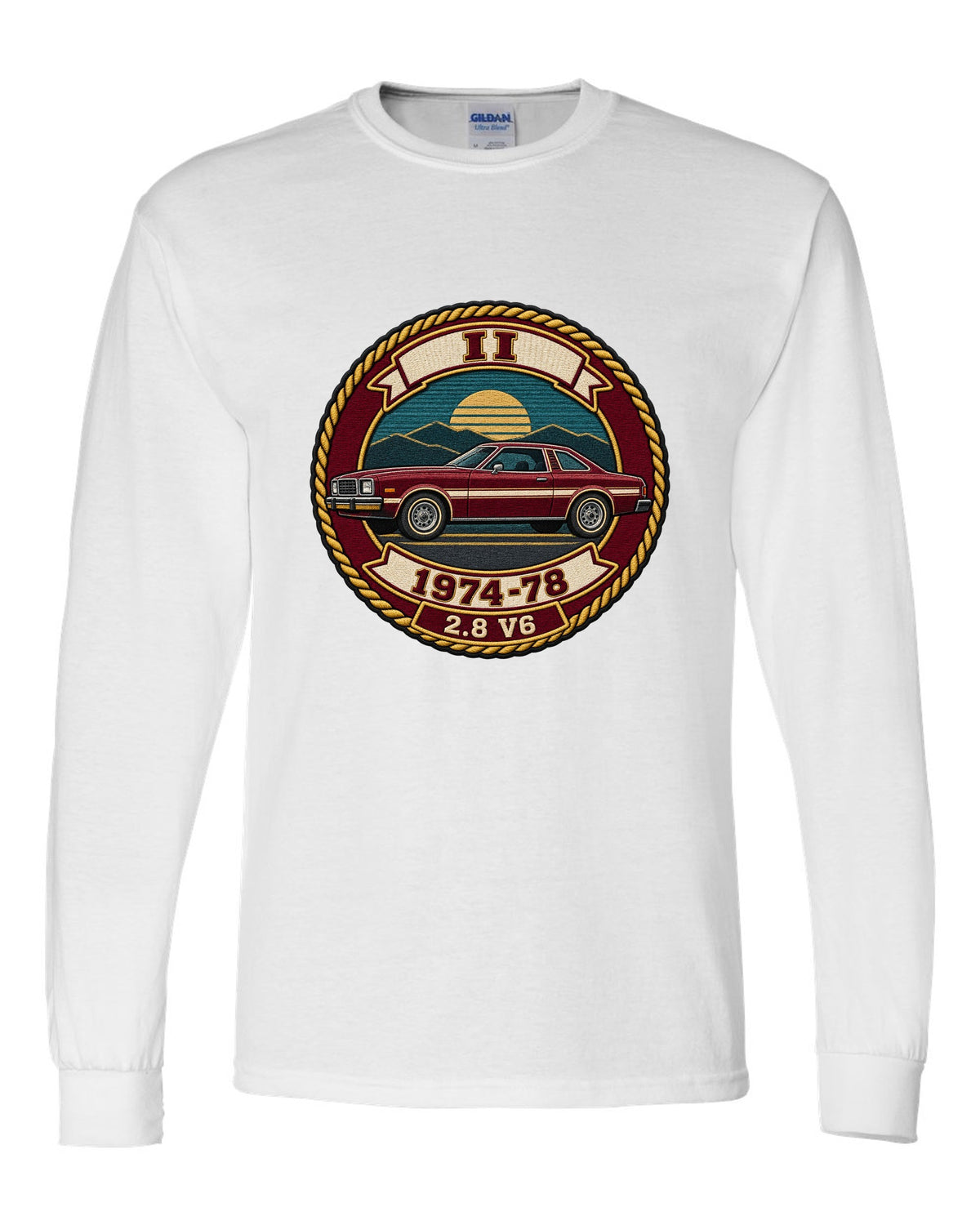 Embroidery-style varsity crest print for a 1974-78 Ford Mustang II notchback white long sleeve front view with the design