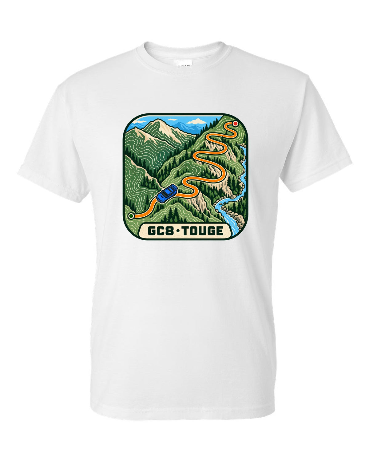 Subaru Impreza WRX GC8 touge route drawn as a topographic contour map, GC8 / TOUGE white t-shirt front view with the design