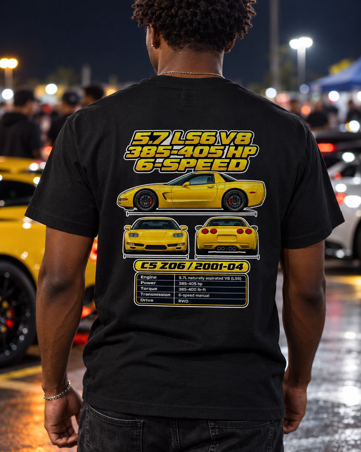 Chevrolet Corvette C5 Z06 Spec Sheet Full-Back Graphic Tee T-Shirt Black worn hero