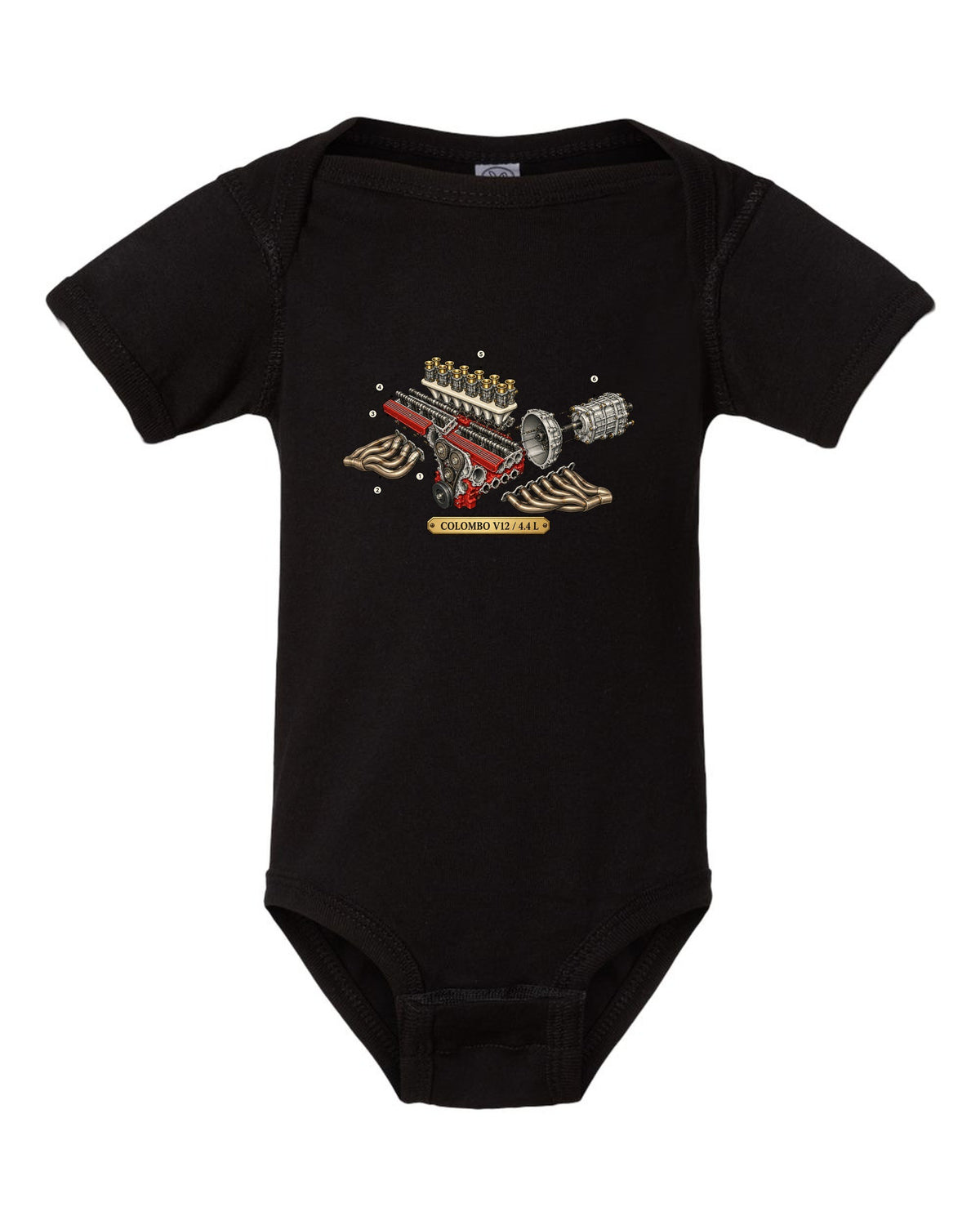 Exploded view of the Ferrari 365 GTB/4 Daytona Colombo V12 engine black baby onesie front view with the design