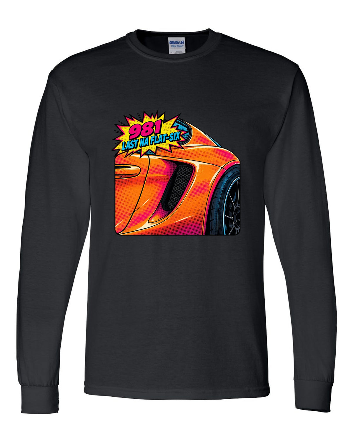 Pop-art halftone print of a Porsche 981 Cayman GTS intake with the text 981, last NA flat-six black long sleeve front view with the design