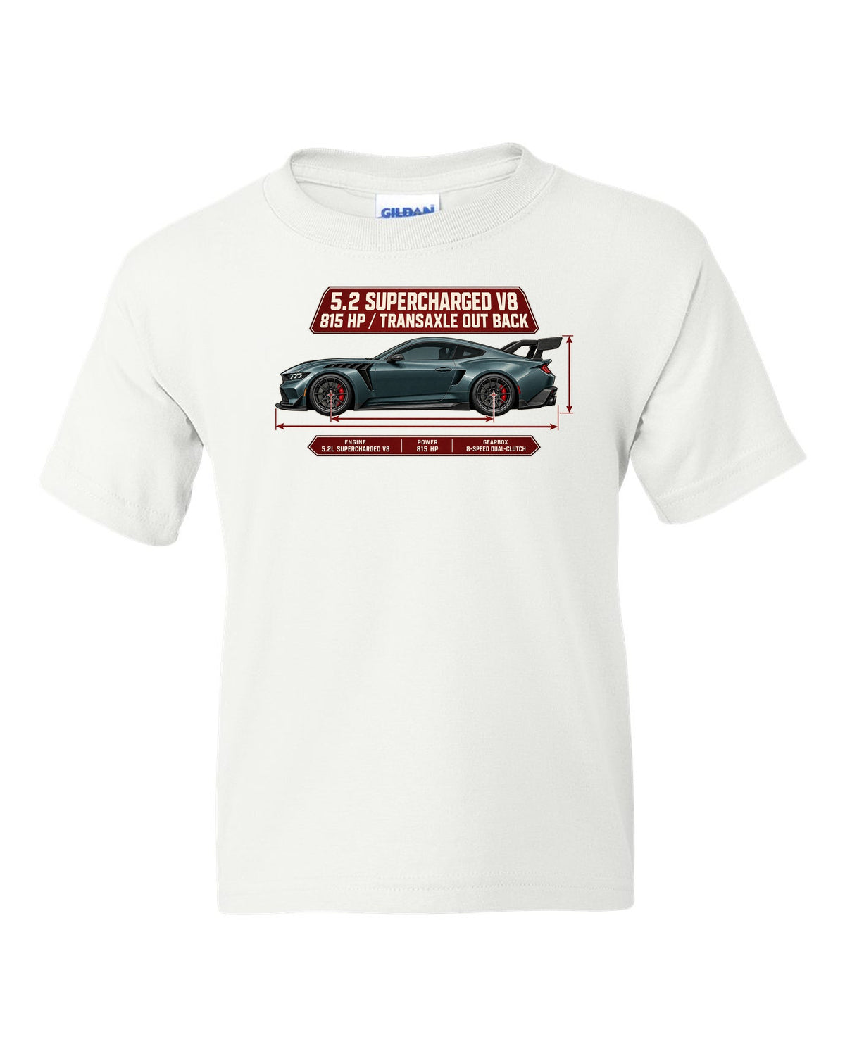 print of a Mustang GTD dimension blueprint with 5.2 supercharged V8 and 815 HP text white kids tee front view with the design
