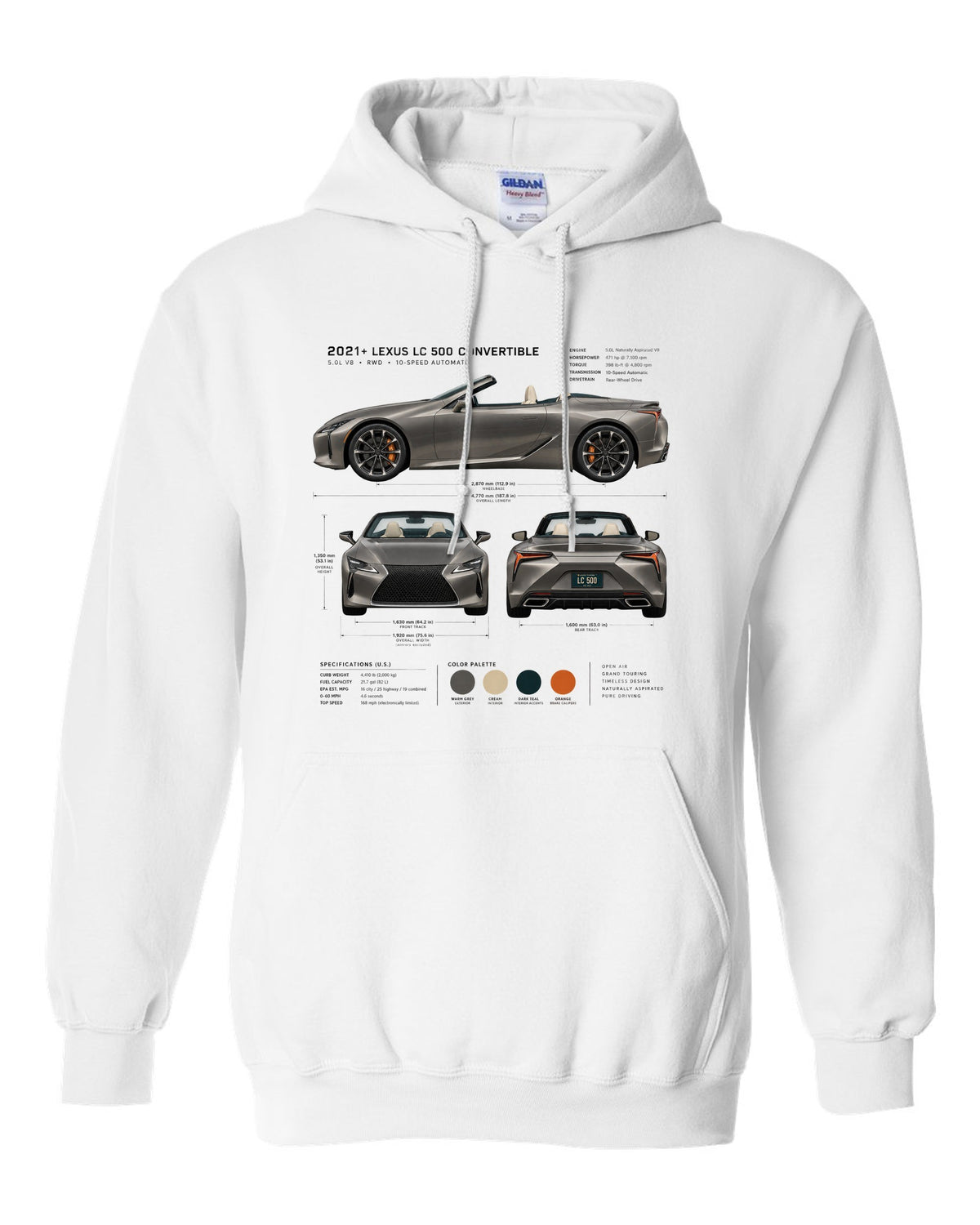 Three-view drawing of the Lexus LC 500 Convertible with spec table white pull over hoodie front view with the design