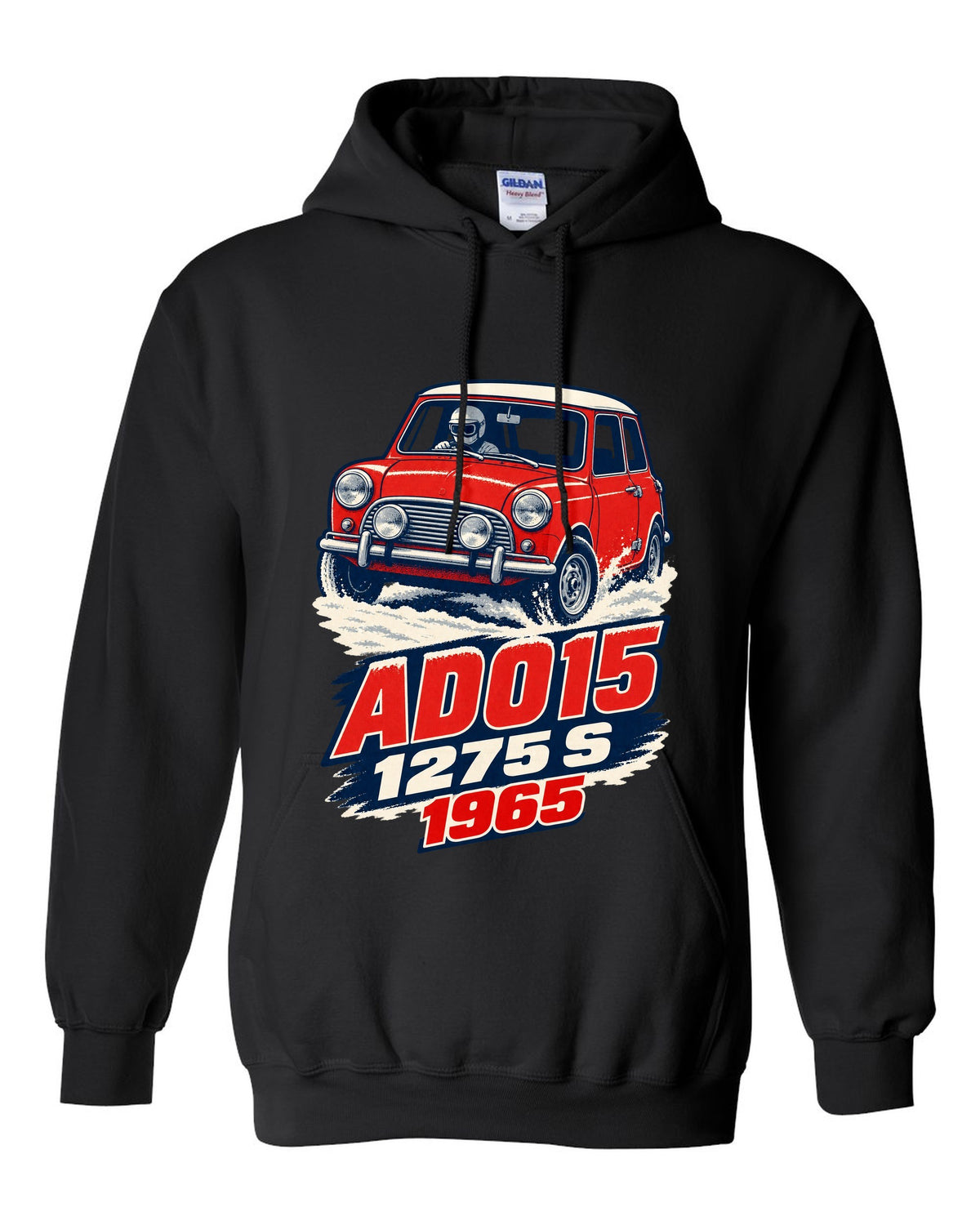 1965 Mini Cooper S ADO15 rally car in a 1960s litho poster style black pull over hoodie front view with the design