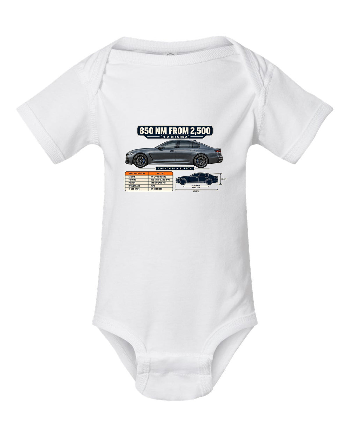 Spec poster print of a Nardo-style grey Mercedes-AMG E63 S W213 facelift white baby onesie front view with the design
