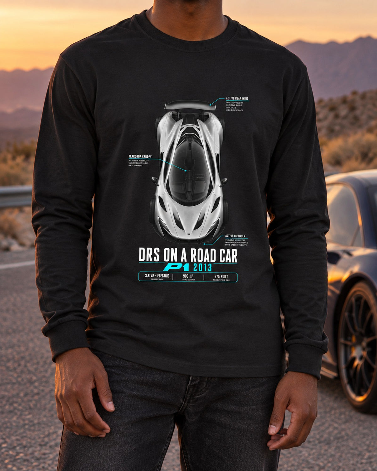 McLaren P1 2013 DRS On A Road Car Spec Poster Tee Long Sleeve Black worn hero