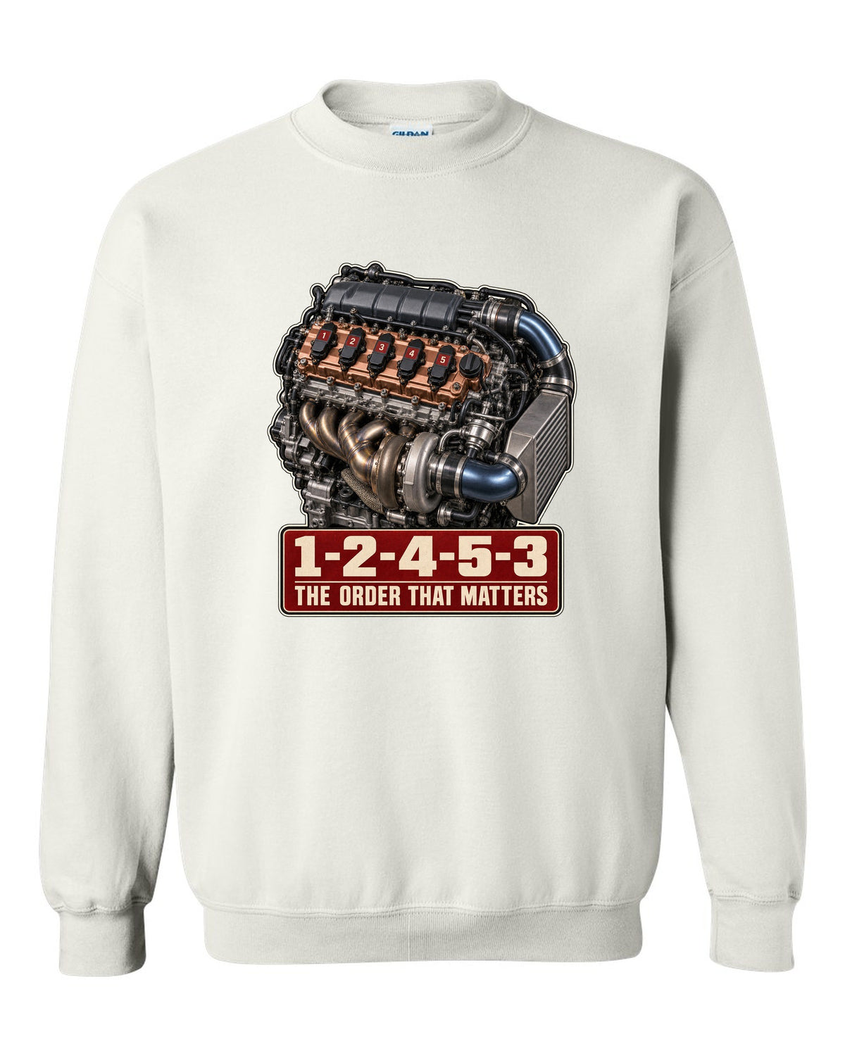 Audi TT RS 8S 2.5 TFSI five-cylinder engine poster with firing order white crewneck front view with the design