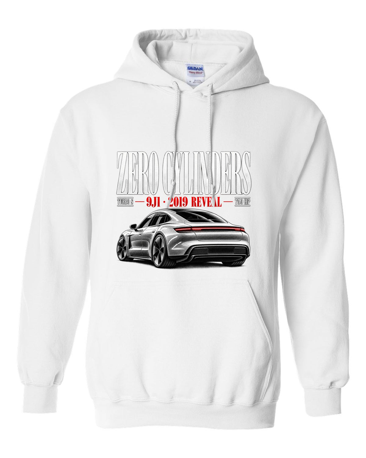 Porsche Taycan Turbo S 9J1 editorial headline with zero cylinders, 2019 reveal, 750 HP white pull over hoodie front view with the design
