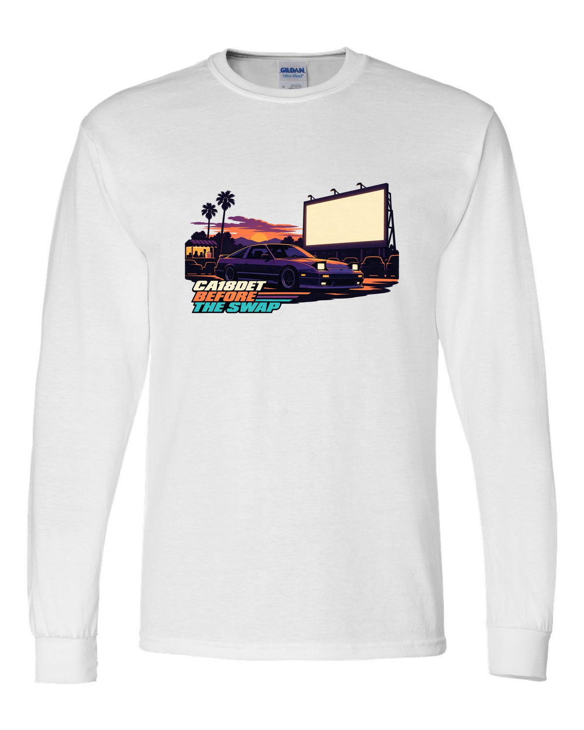 Flat vector drive-in print of a Nissan 180SX S13 with CA18DET before the swap lettering white long sleeve front view with the design