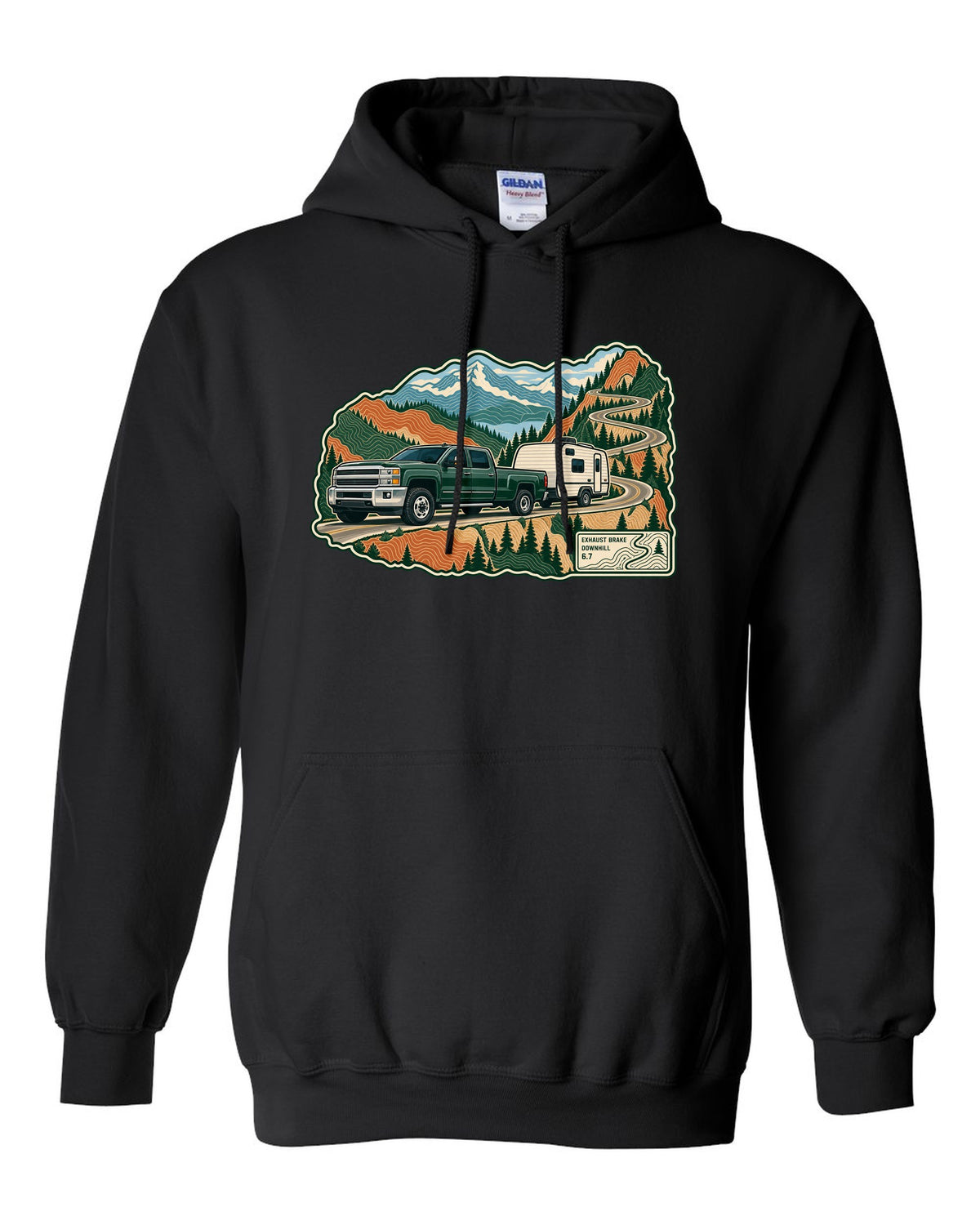 Topographic mountain pass print with a 2010-2018 Ram 2500 6.7 Cummins towing a camper black pull over hoodie front view with the design