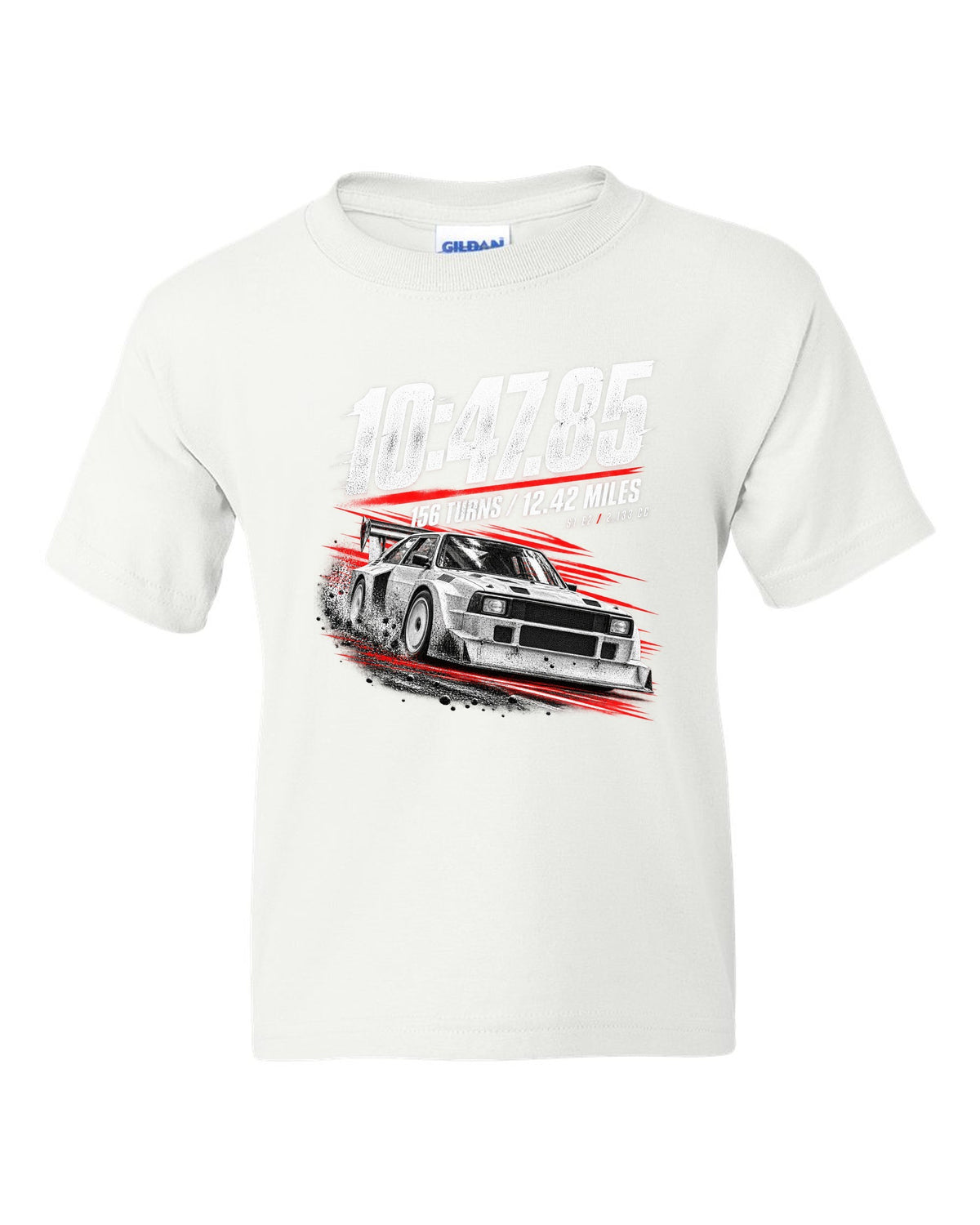 Race poster print of an Audi Sport Quattro S1 E2 with hill climb numbers white kids tee front view with the design