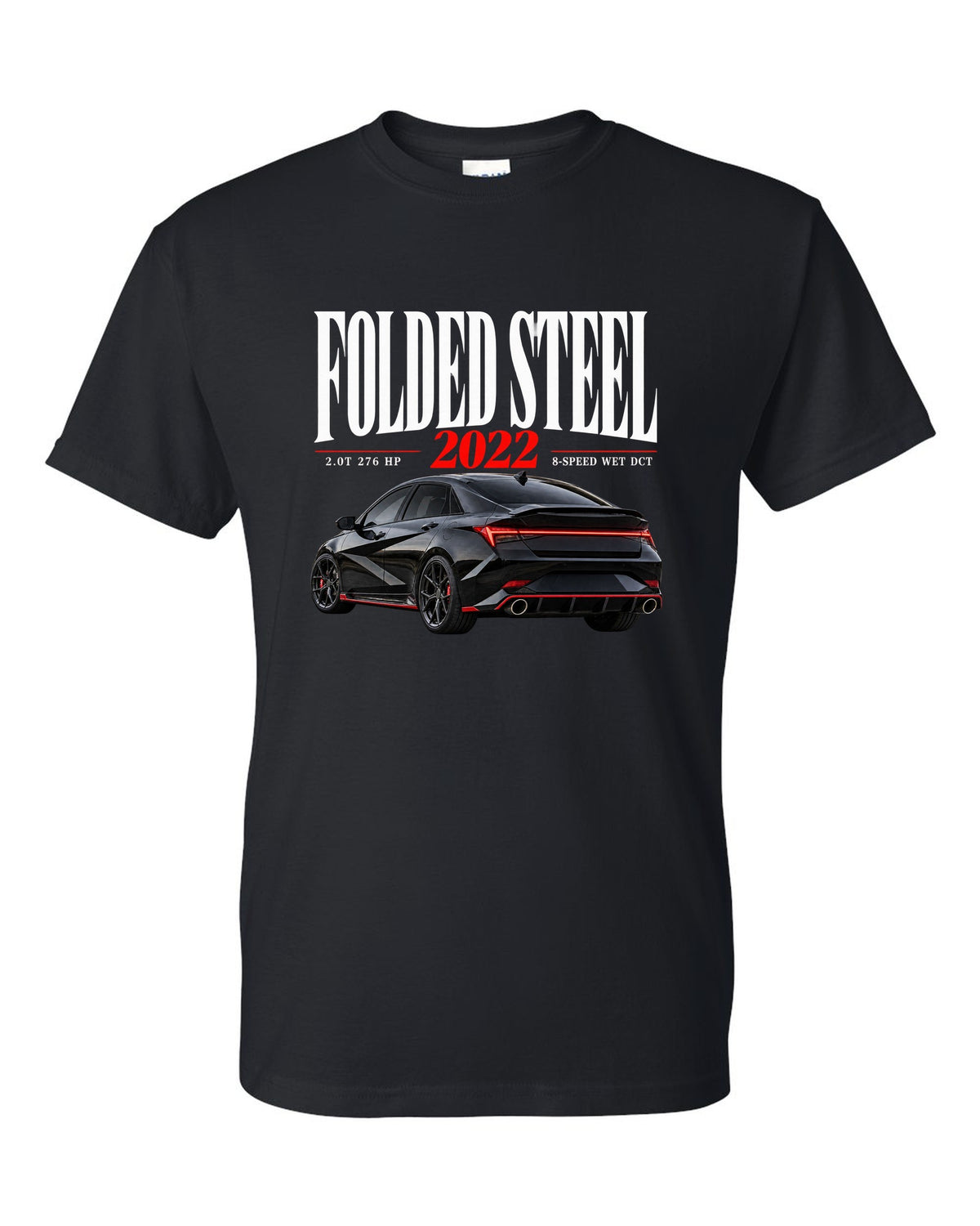 Hyundai Elantra N CN7 editorial headline design with folded steel light bar black t-shirt front view with the design