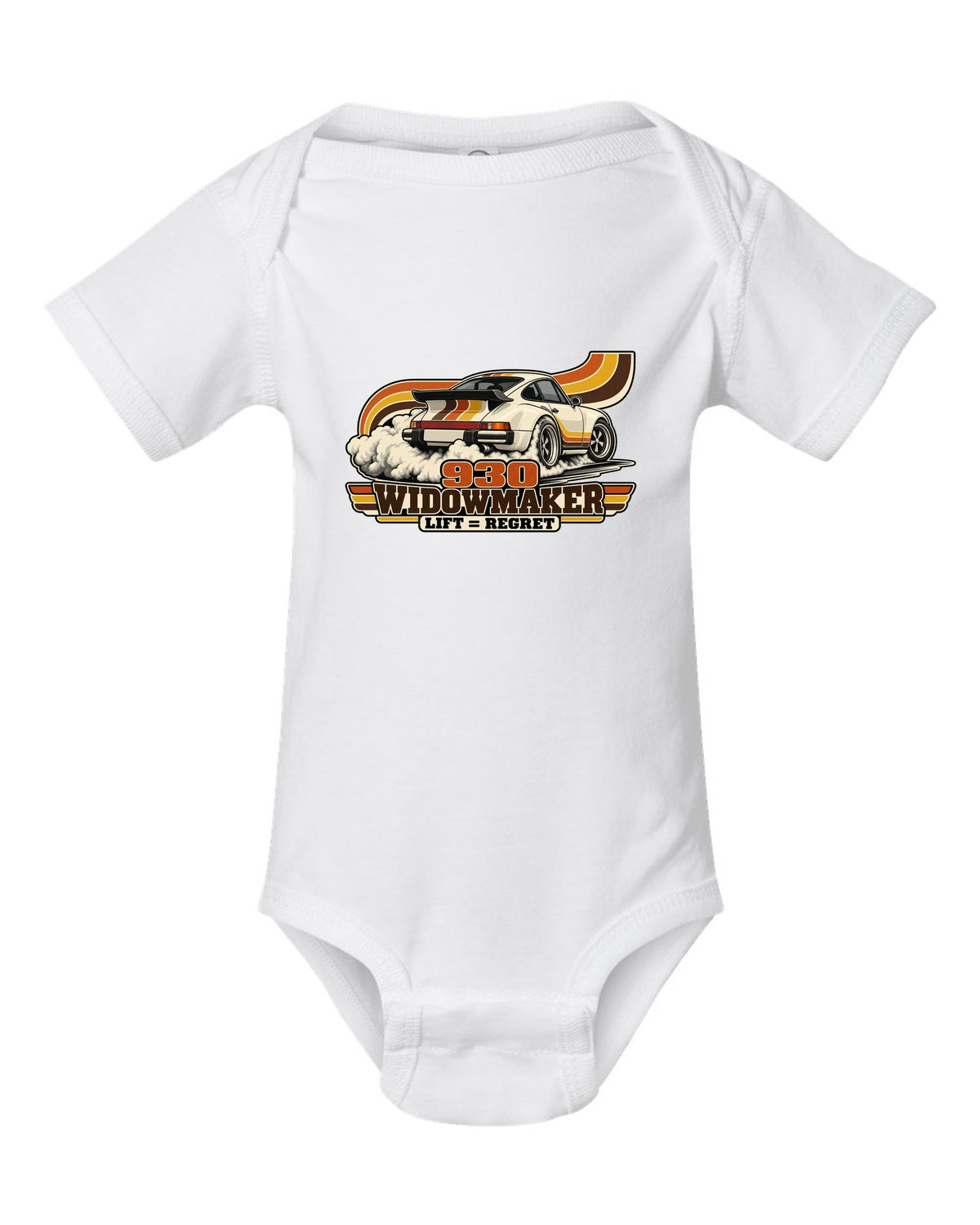 Retro 70s striped illustration of a Porsche 911 Turbo 930 with whale tail white baby onesie front view with the design