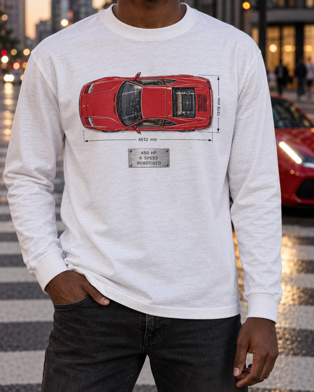 Alfa Romeo 8C Competizione Spec Sheet Tee, Robotised Gearbox Long Sleeve White worn hero