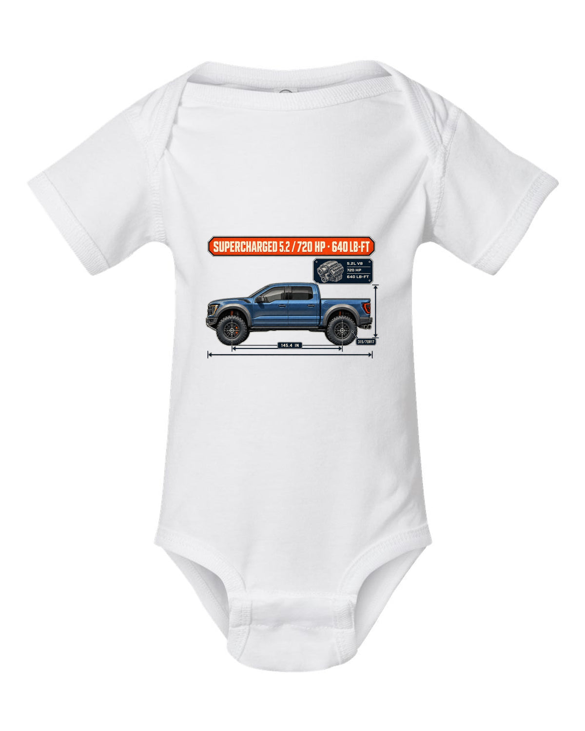 Ford F-150 Raptor R 2023 dimension blueprint print with 720 HP spec white baby onesie front view with the design
