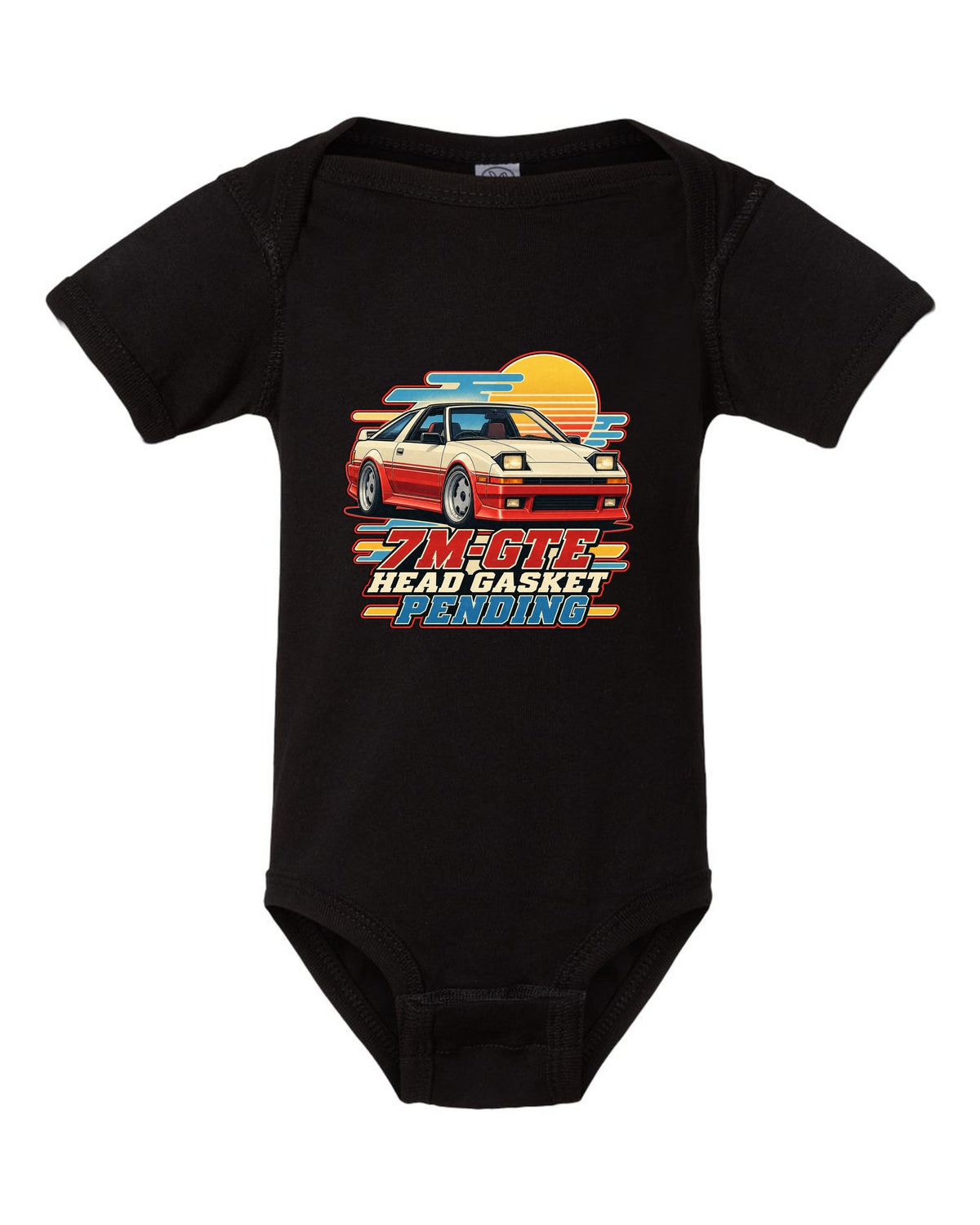 Toyota Supra A70 with pop-up headlights half open in a retro Showa brochure illustration black baby onesie front view with the design