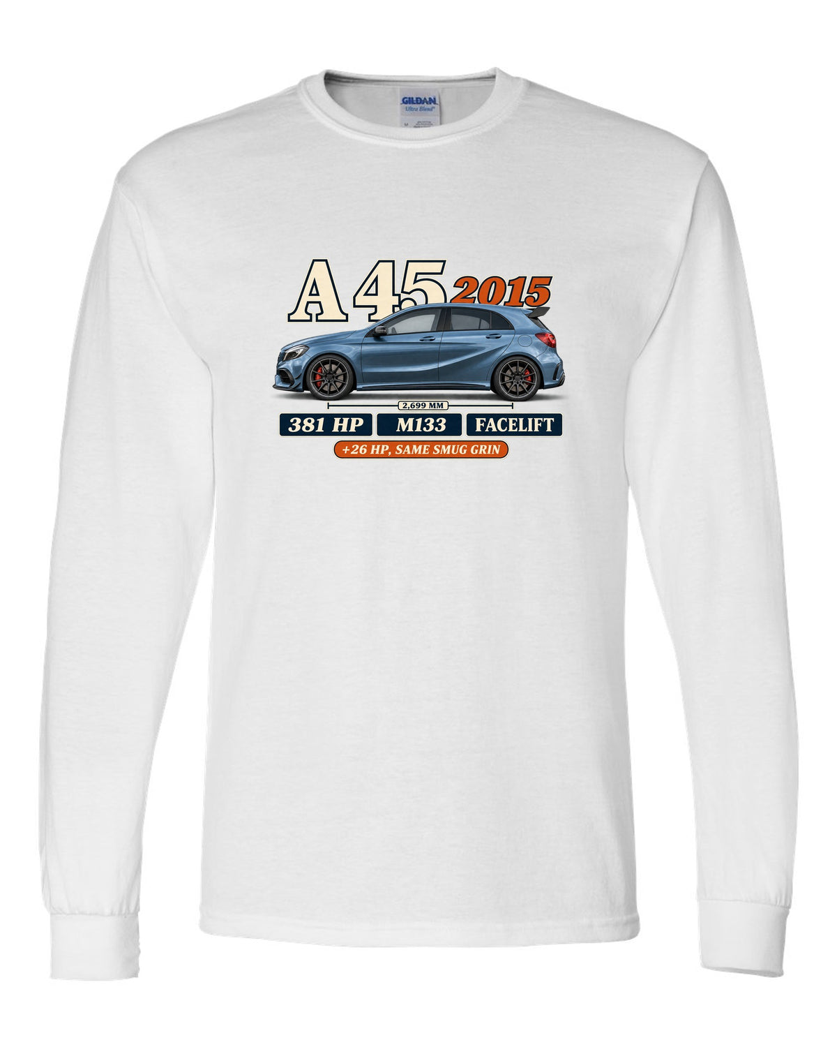 Mercedes-AMG A45 W176 facelift 2015 archive panel print white long sleeve front view with the design